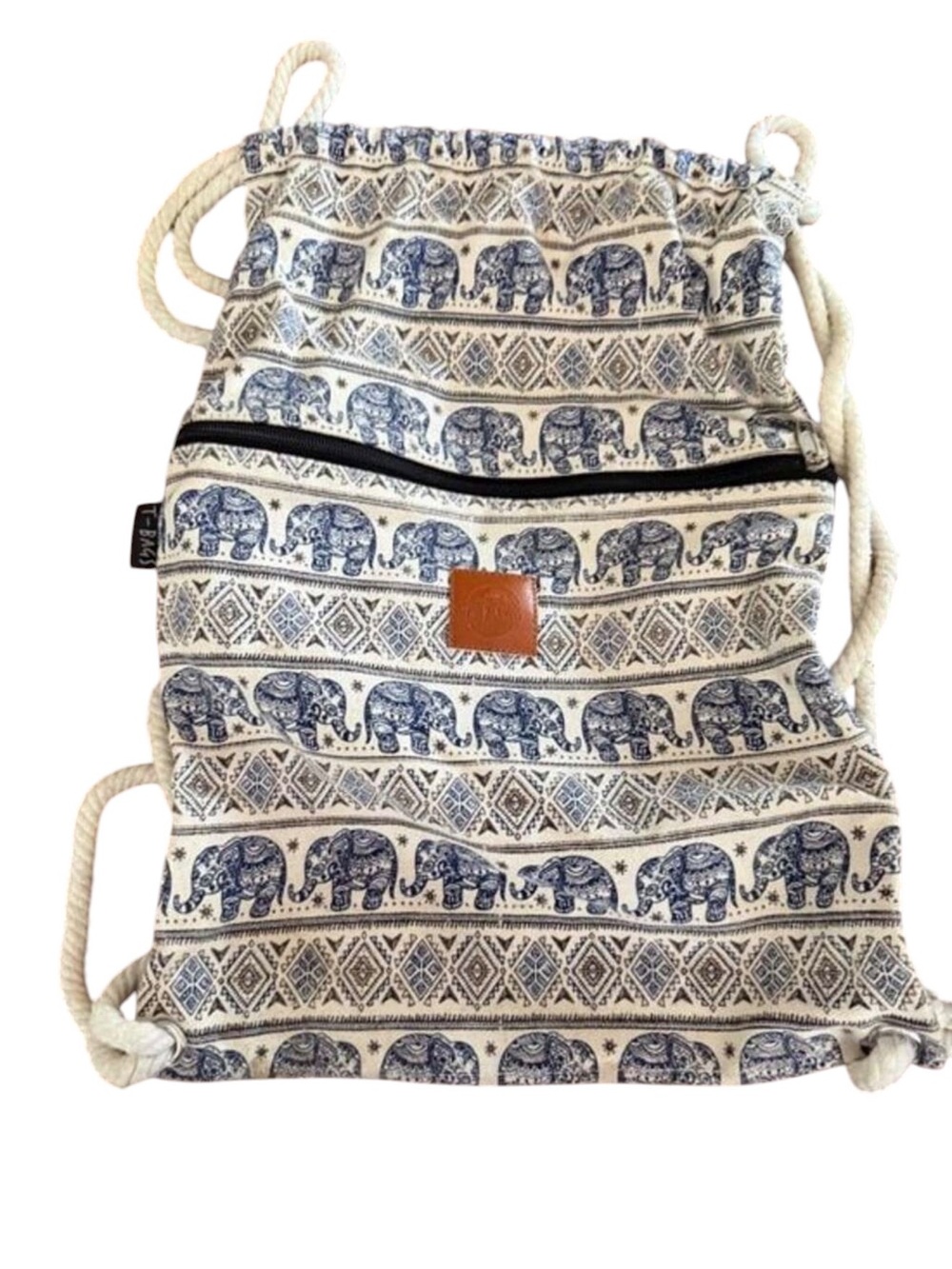 Elephant Print Canvas Drawstring Backpack Boho Festival Travel Bag
